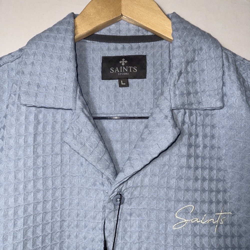 Saints Studio Mens Dusty‎ Blue Waffle Knit Camp Collar Shirt L D2548-X4431 NEW